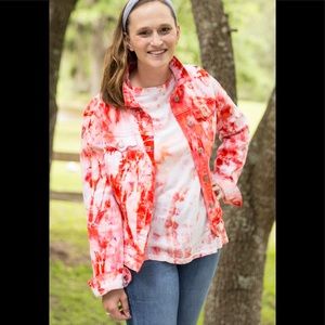 Coral denim jacket, size large.